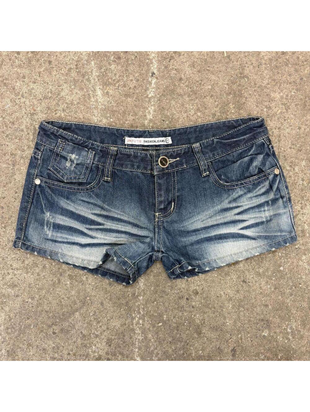 Vintage Y2K Low Rise Denim Micro Shorts Dark Wash Faded